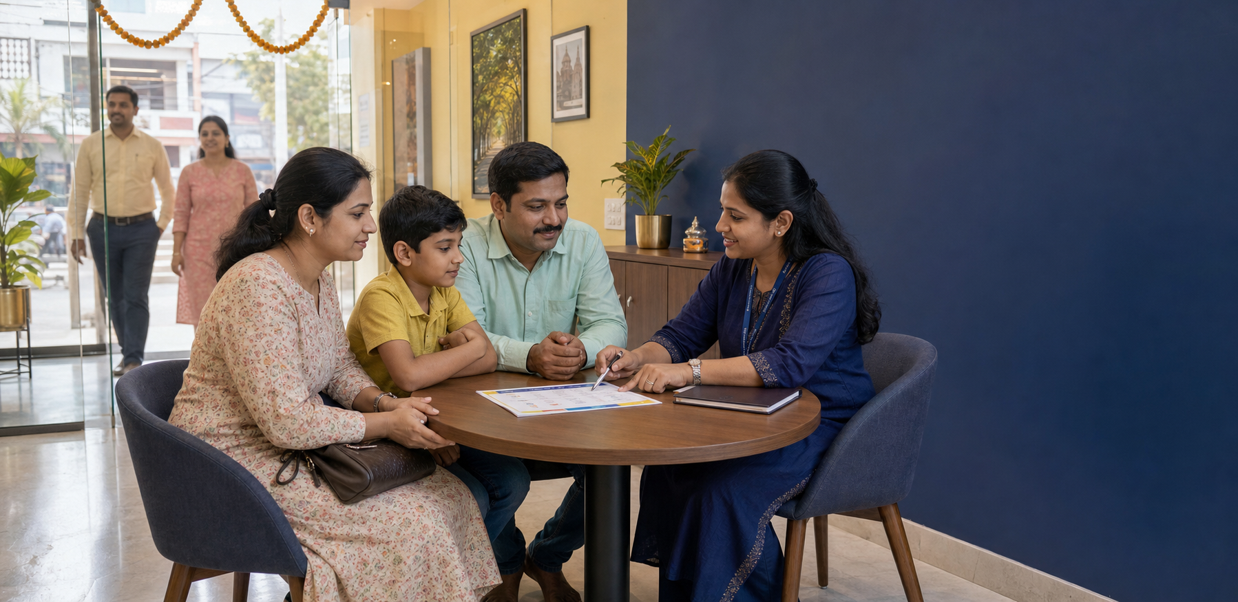 Indian family speaking with a BajajCapital representative at a Financial Prosperity Centre